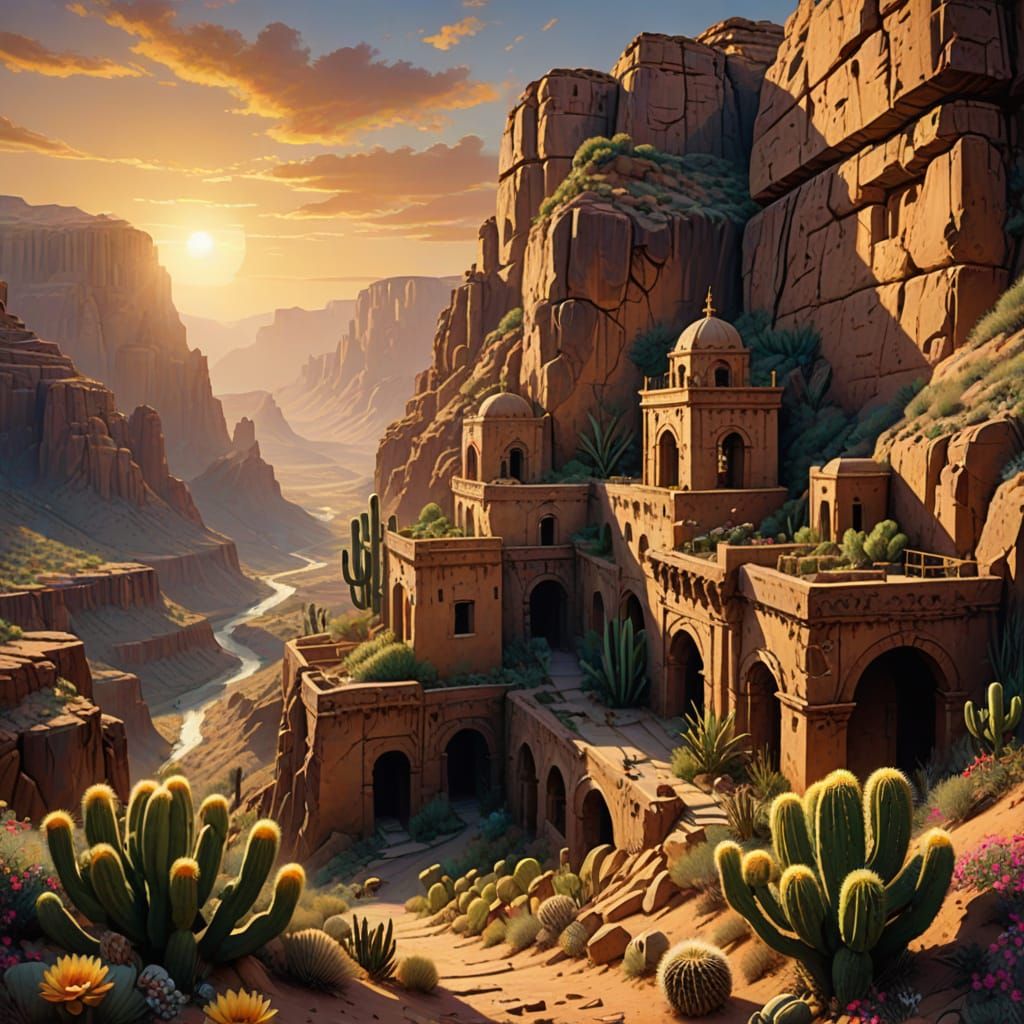 Ancient City on Canyon Wall at Sunset