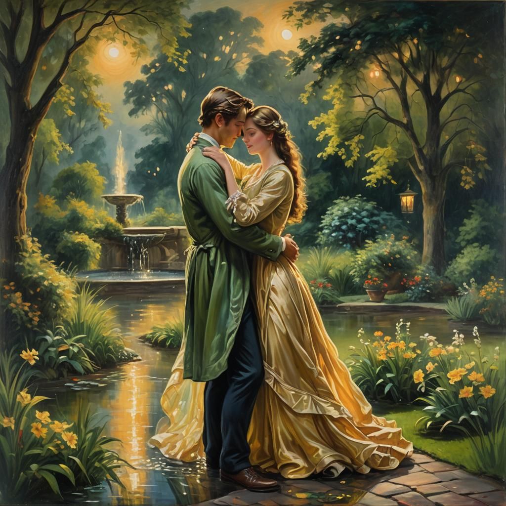 Romantic Couple in Moonlit Garden Oil Painting