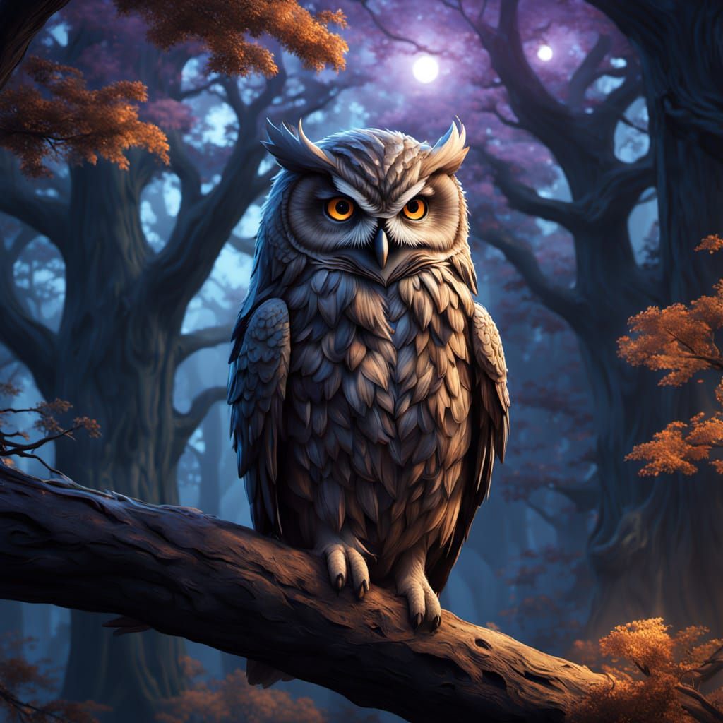 Wise Owl in Enchanted Forest, Fantasy Concept Art