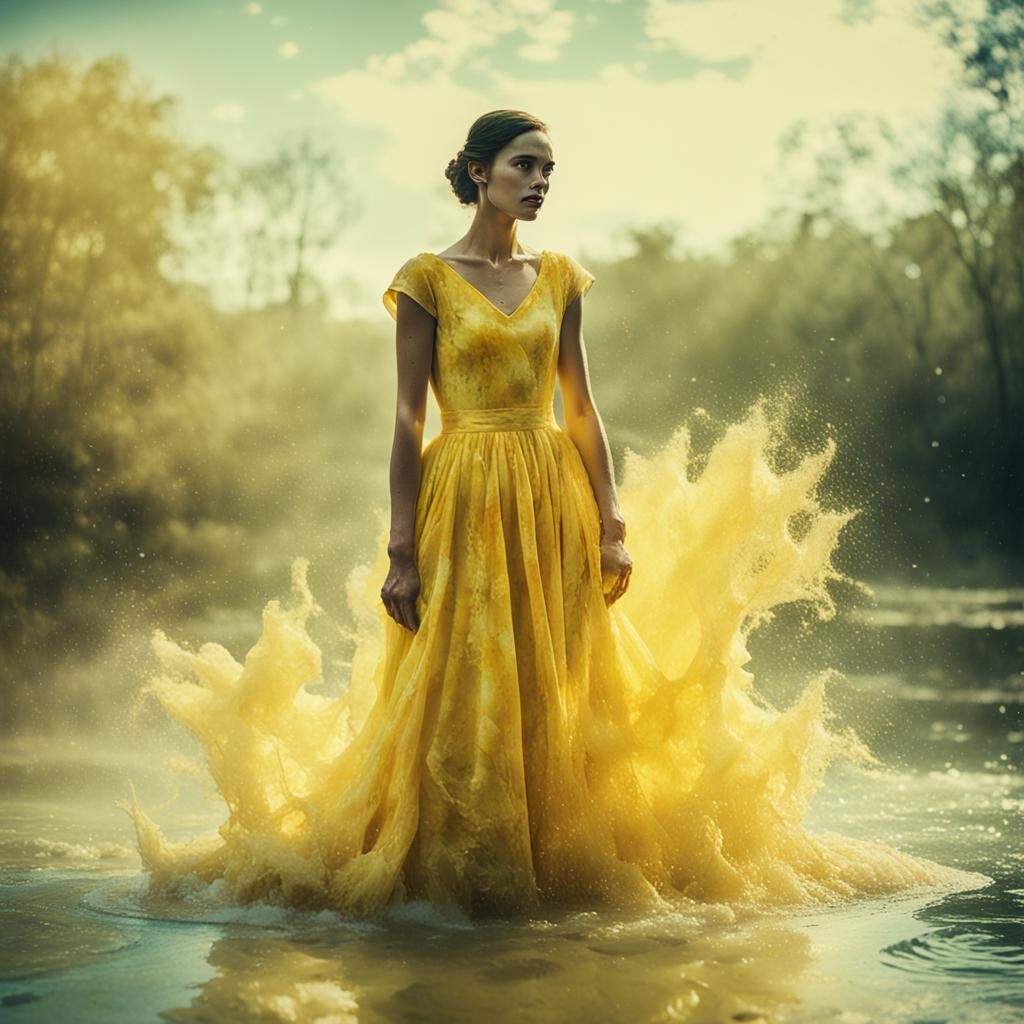 Woman in Yellow Dress on Watercolor Background