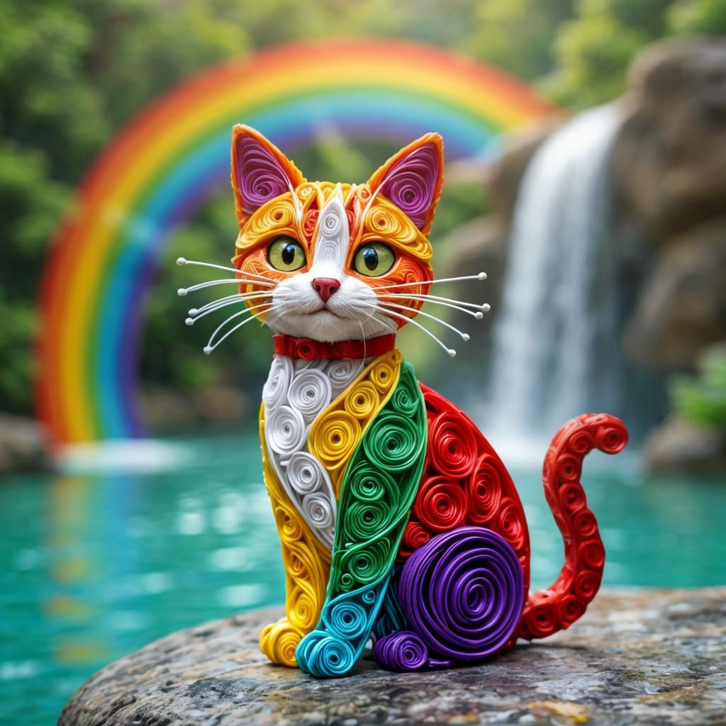 Rainbow Wire Cat Sculpture with Waterfall Background