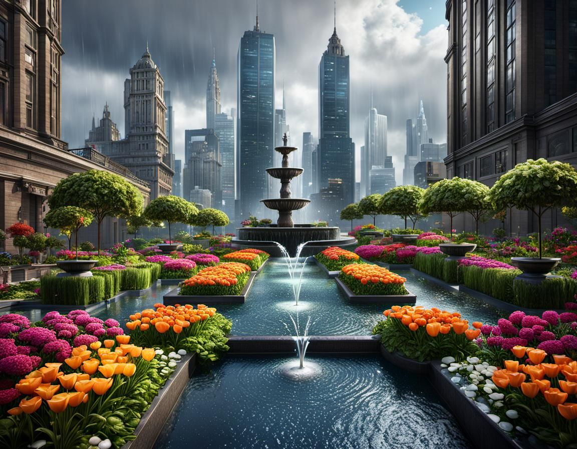 Lush Urban Rooftop Garden in Detailed Matte Painting