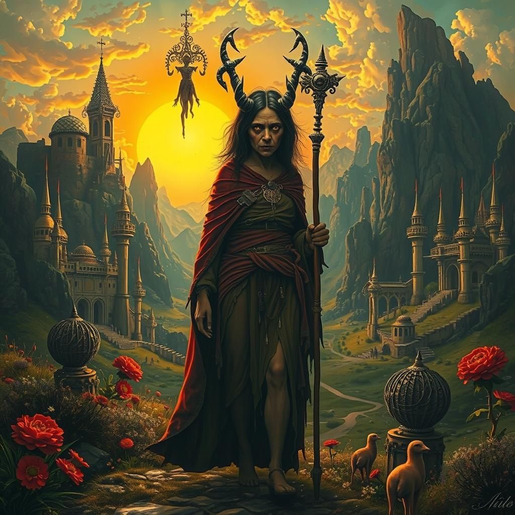 Grotesque Woman Wanders Through Sun-Drenched Valley