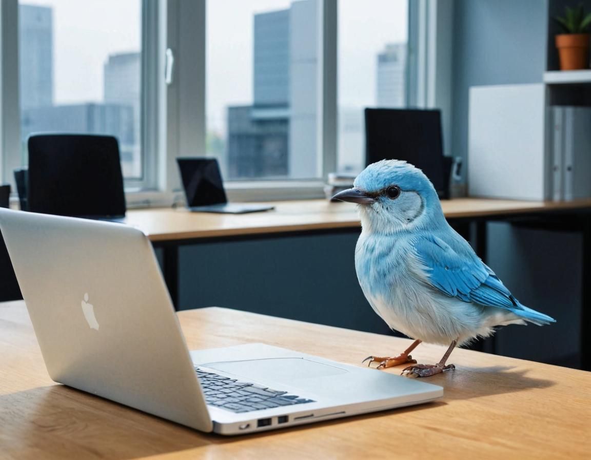 Light Blue Bird on Laptop Edge in Serene Office