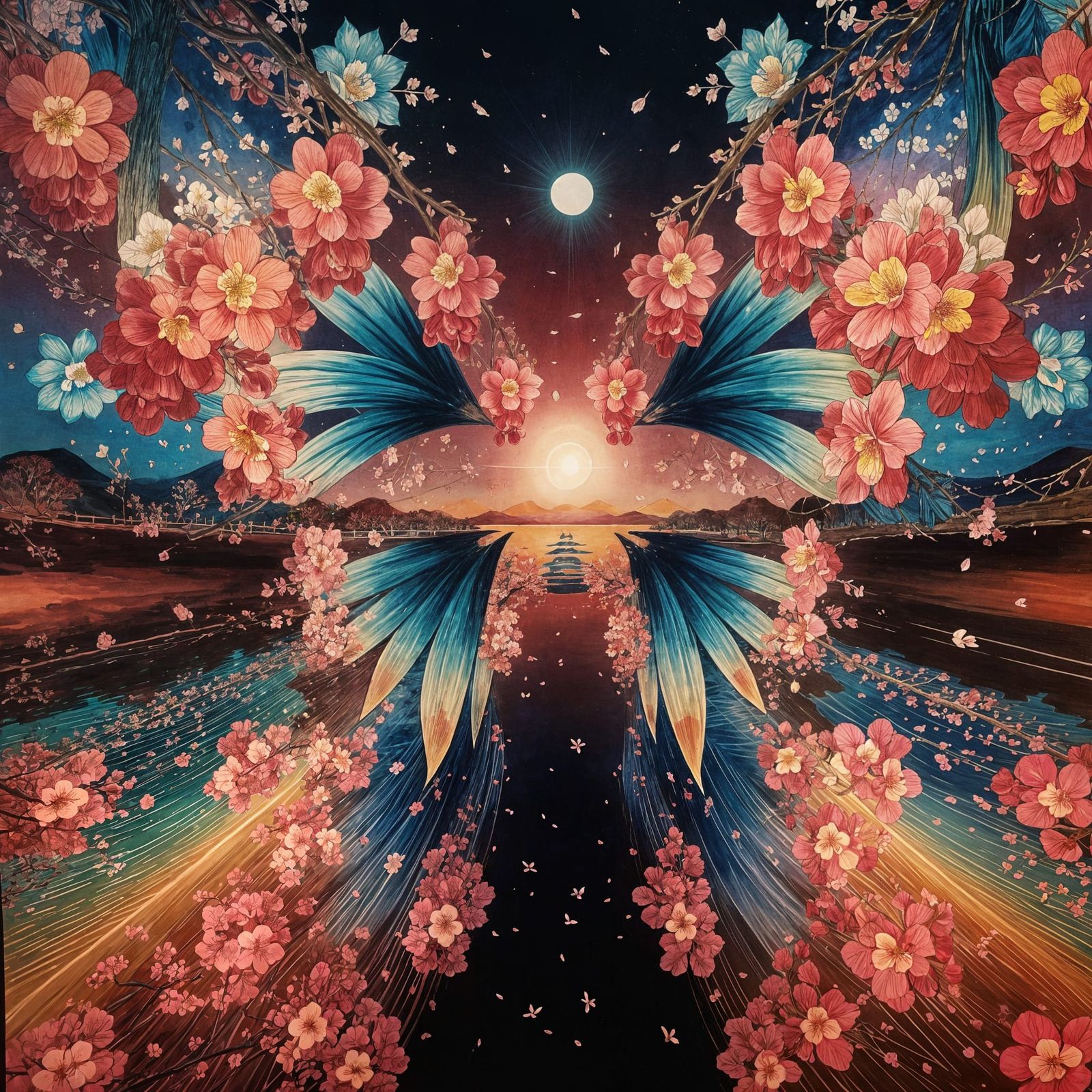 Cherry Blossoms in Bloom: Hokusai-Inspired Landscape