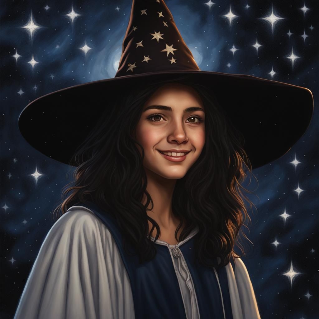 Hispanic Girl as a Teenage Witch in Starry Night