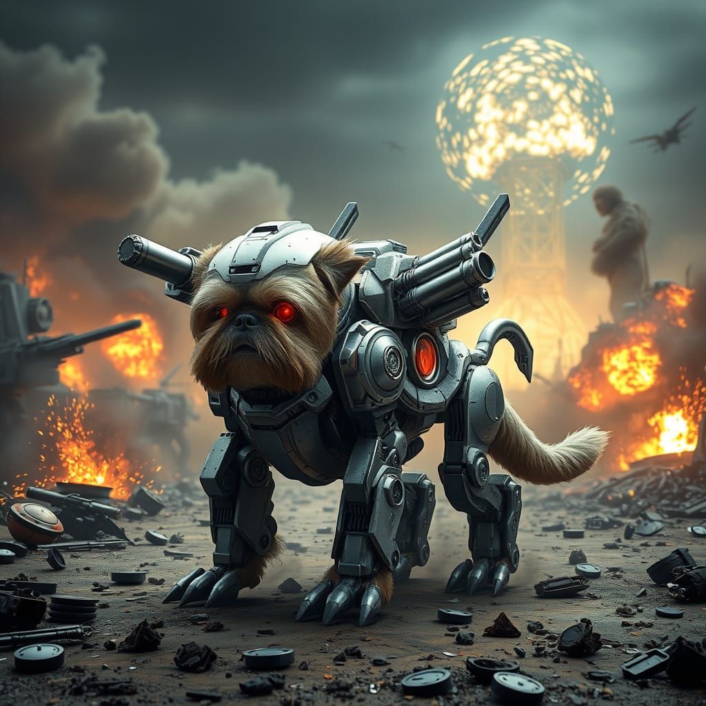 Futuristic Shih Tzu Mech on Battlefield in Sci-Fi Style
