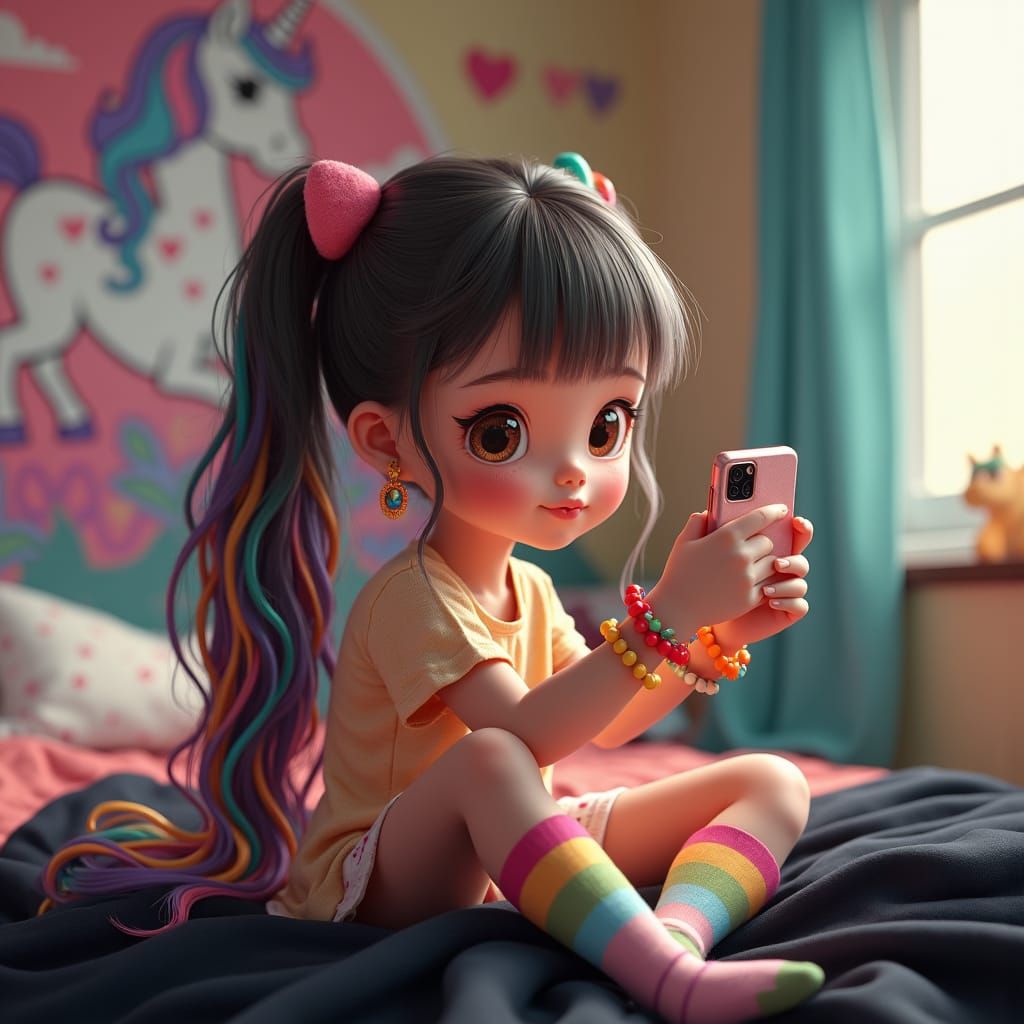 Rainbow-Haired Girl's Selfie: Ultra-Realistic Bedroom Portra...