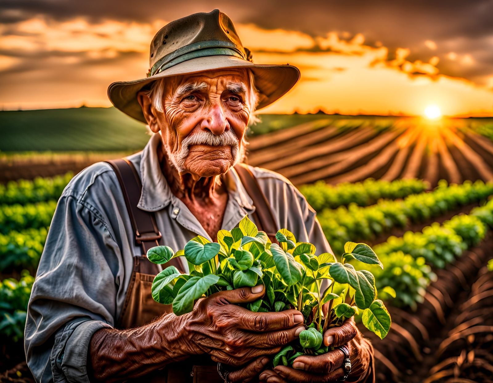 Macro Photo of Farmer Holding Seedlings at Sunrise