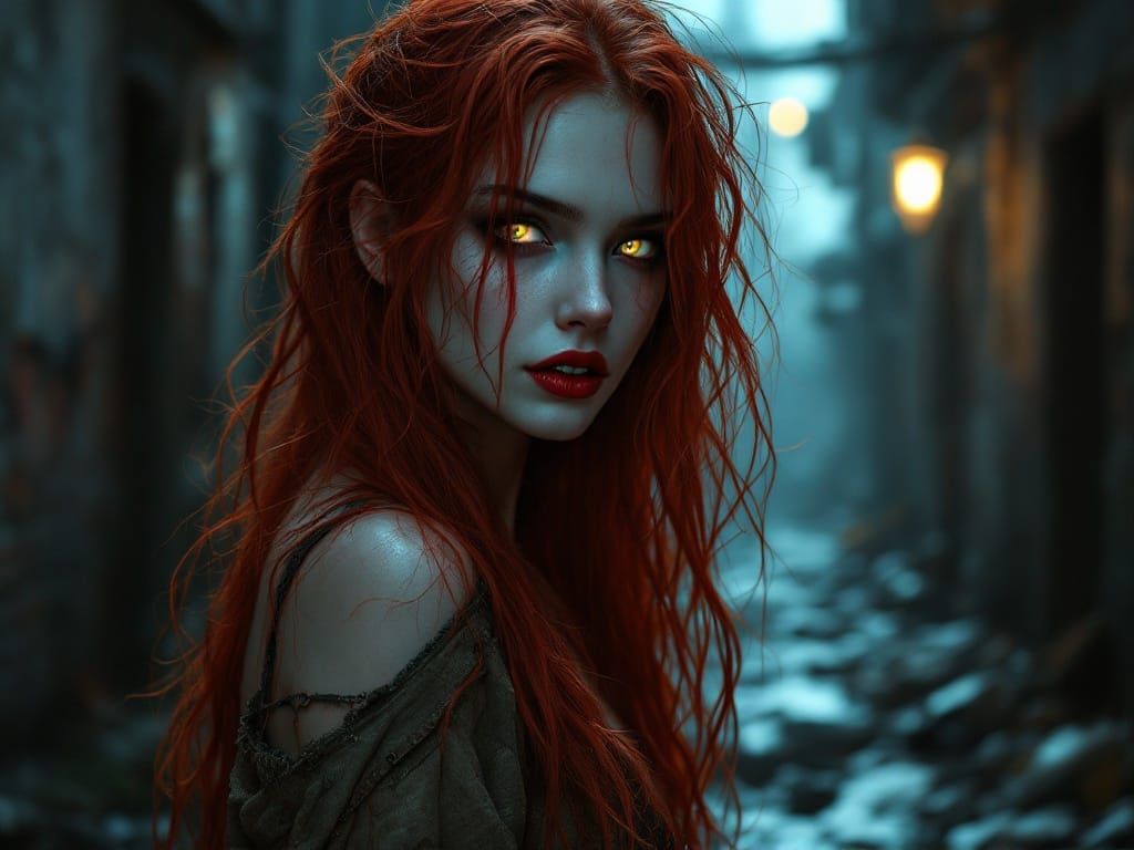 Ethereal Vampire Goddess in Moonlit Alleyway
