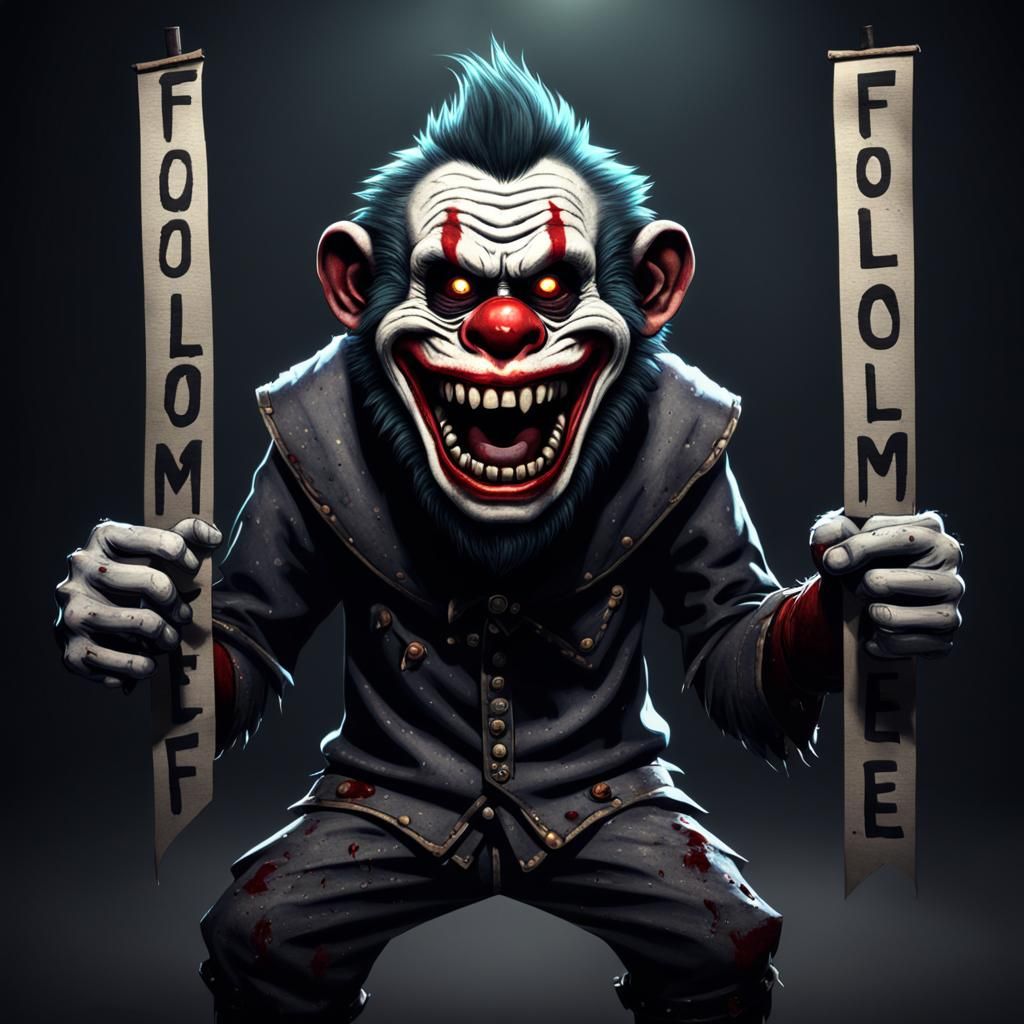 Zombie Monkey Clown Grinning Maniacally Holding Banner