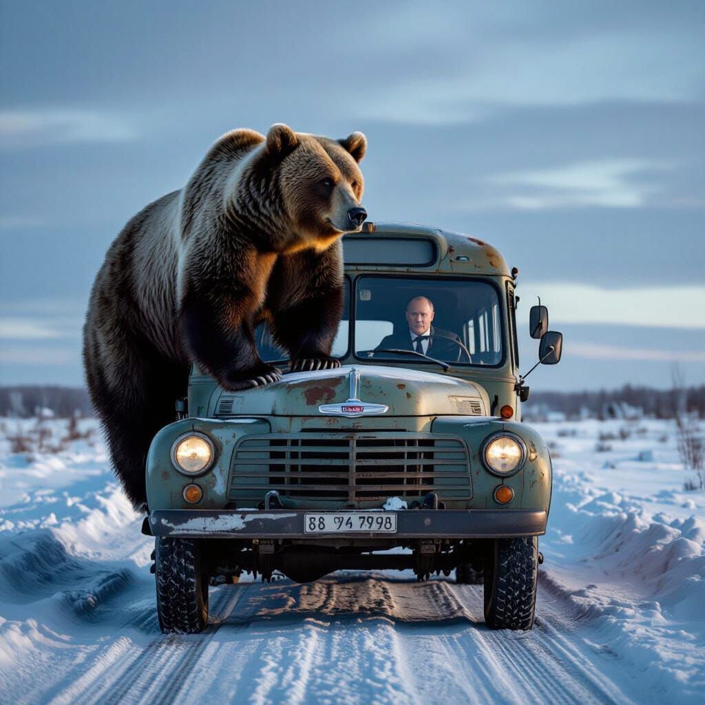 Bear on Soviet Bus in Russian Winter Landscape