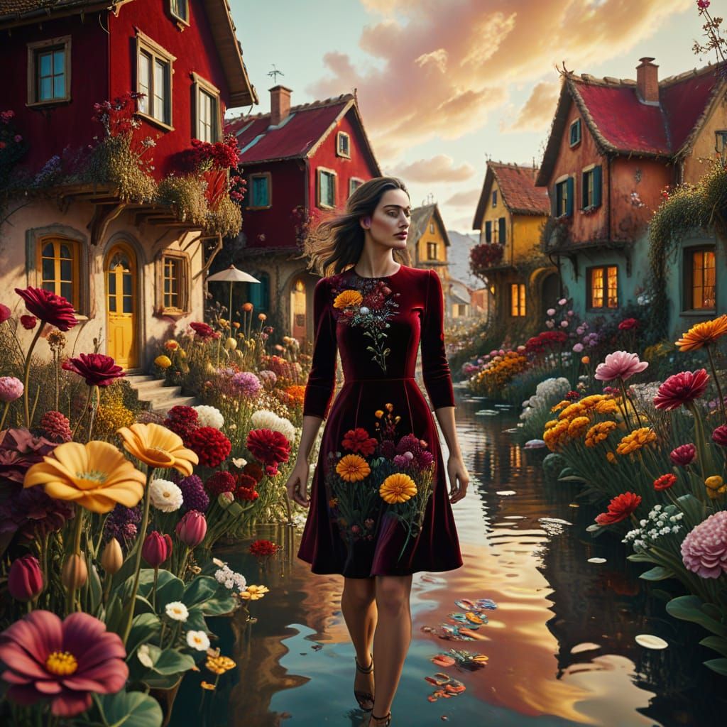 Surreal Garden with Floating Houses in Dali Style