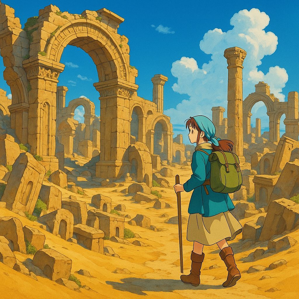 Young Traveler in Ancient Ruins: Studio Ghibli Style