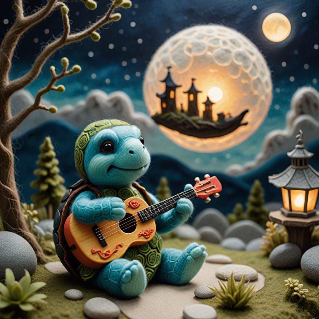 Whimsical Turtle Concert Under Moon in Felted Scene