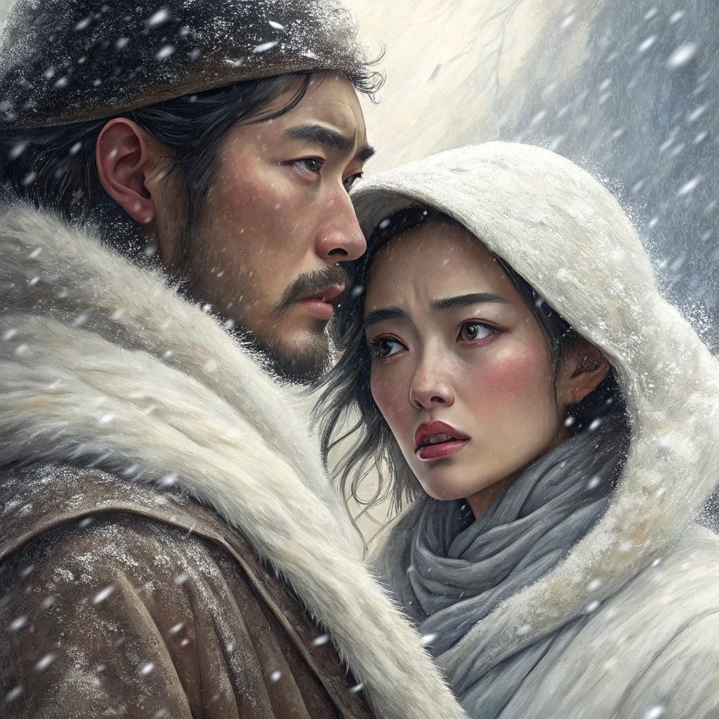 Asian Couple in Snowstorm, Pre-1912 Painting Style