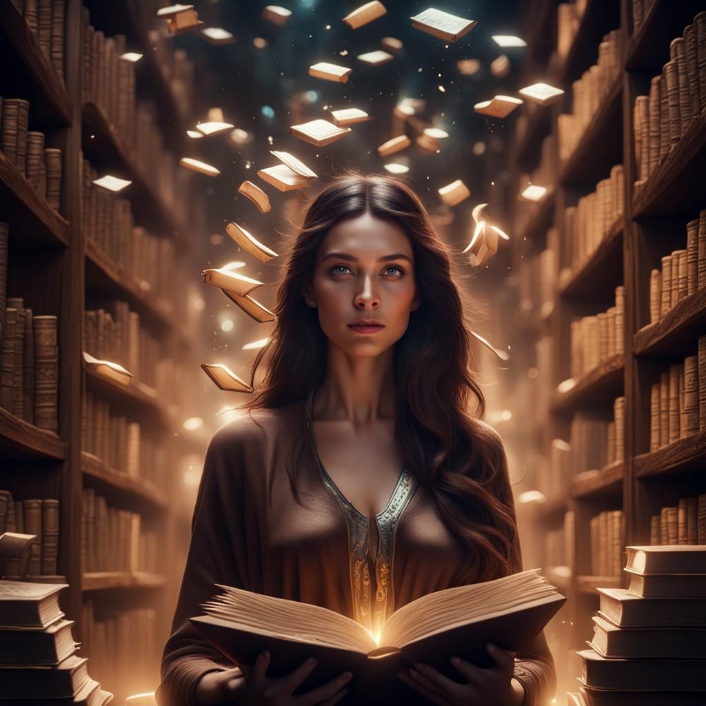 Woman Surrounded by Floating Magical Books