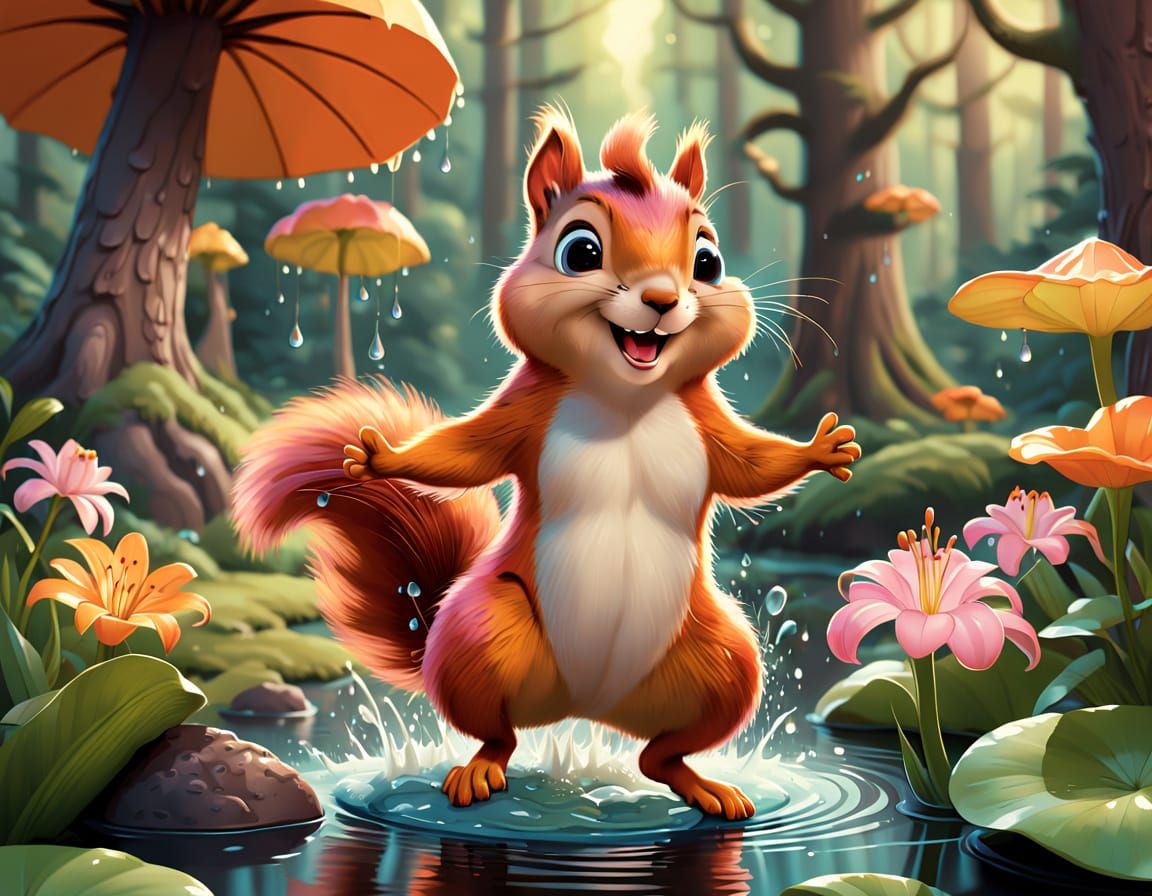 Joyful Squirrel Jumps in Rainy Forest Scene