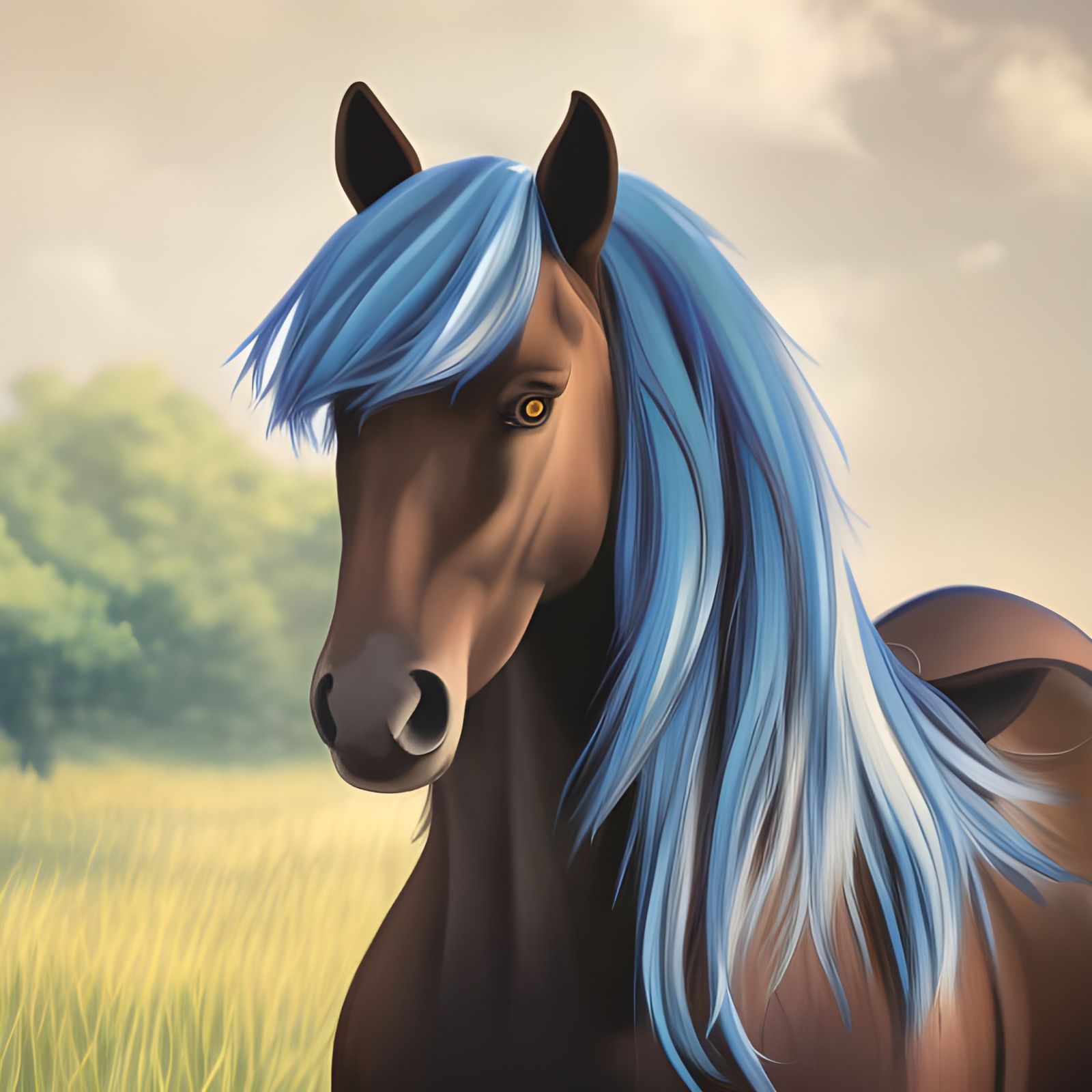 Steampunk Frisian Horse in Meadow, Anime Style