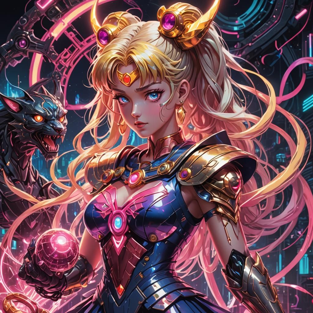 Sailor Moon and Iron Beast in Cyberpunk Style