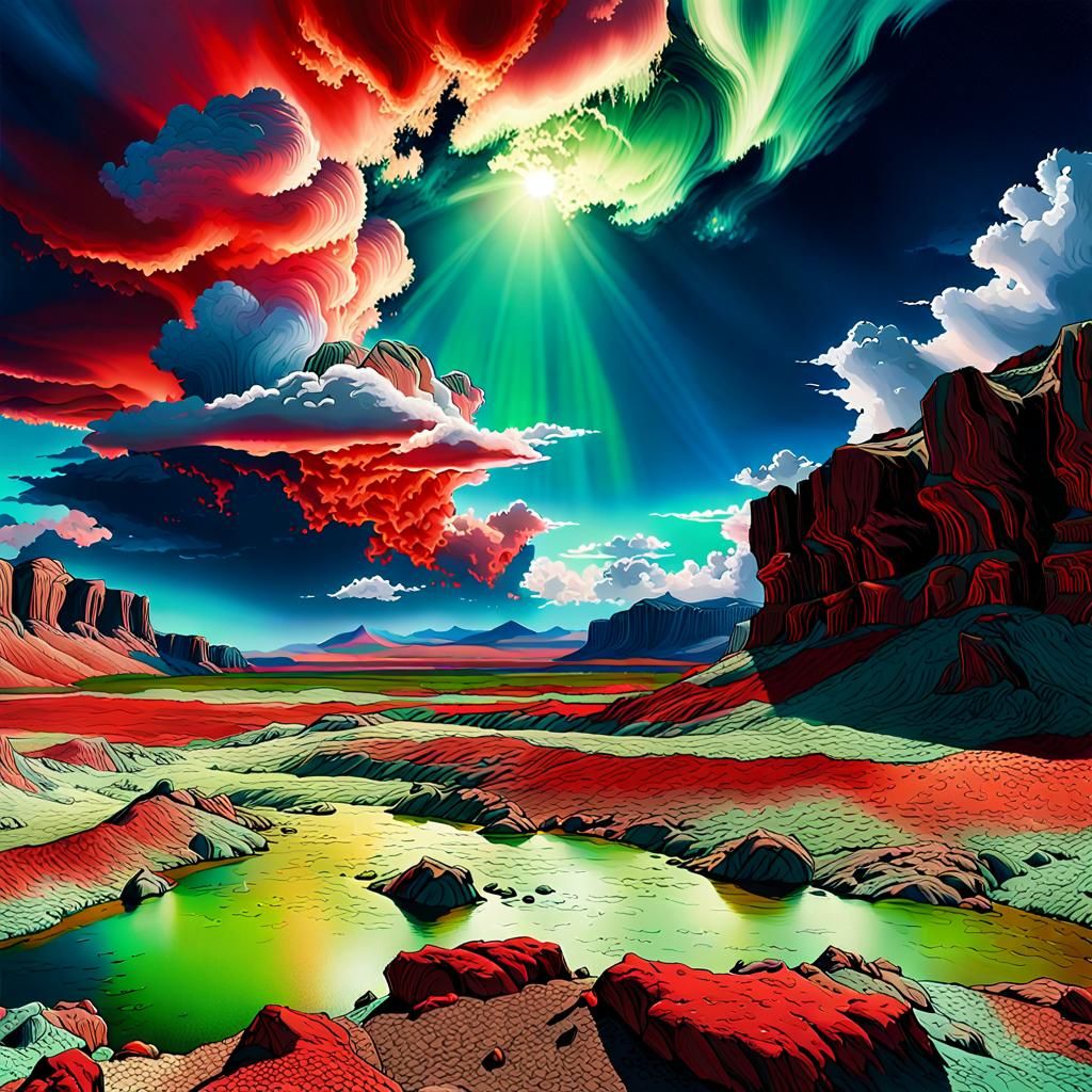 Surreal Rocky Landscape with Tower and Colorful Clouds