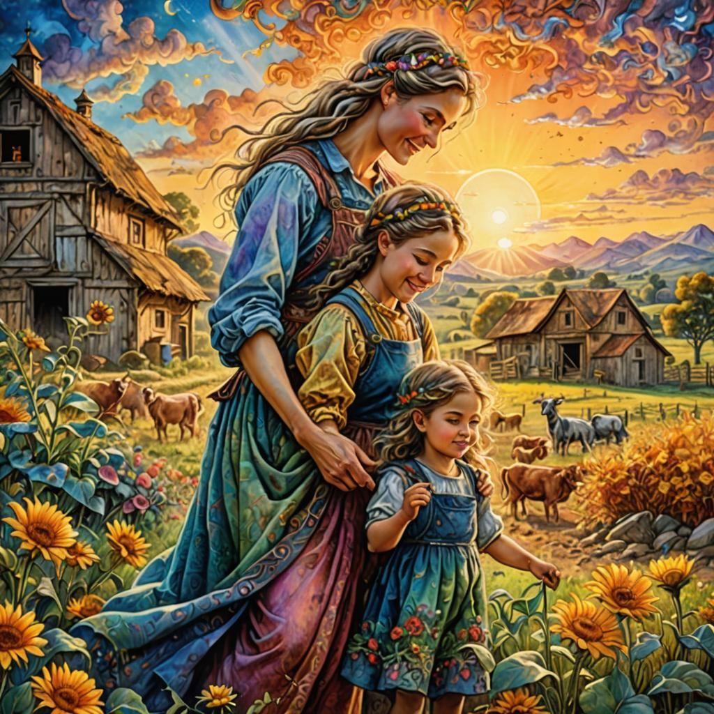 Mother and Daughter's Joyful Farm Morning