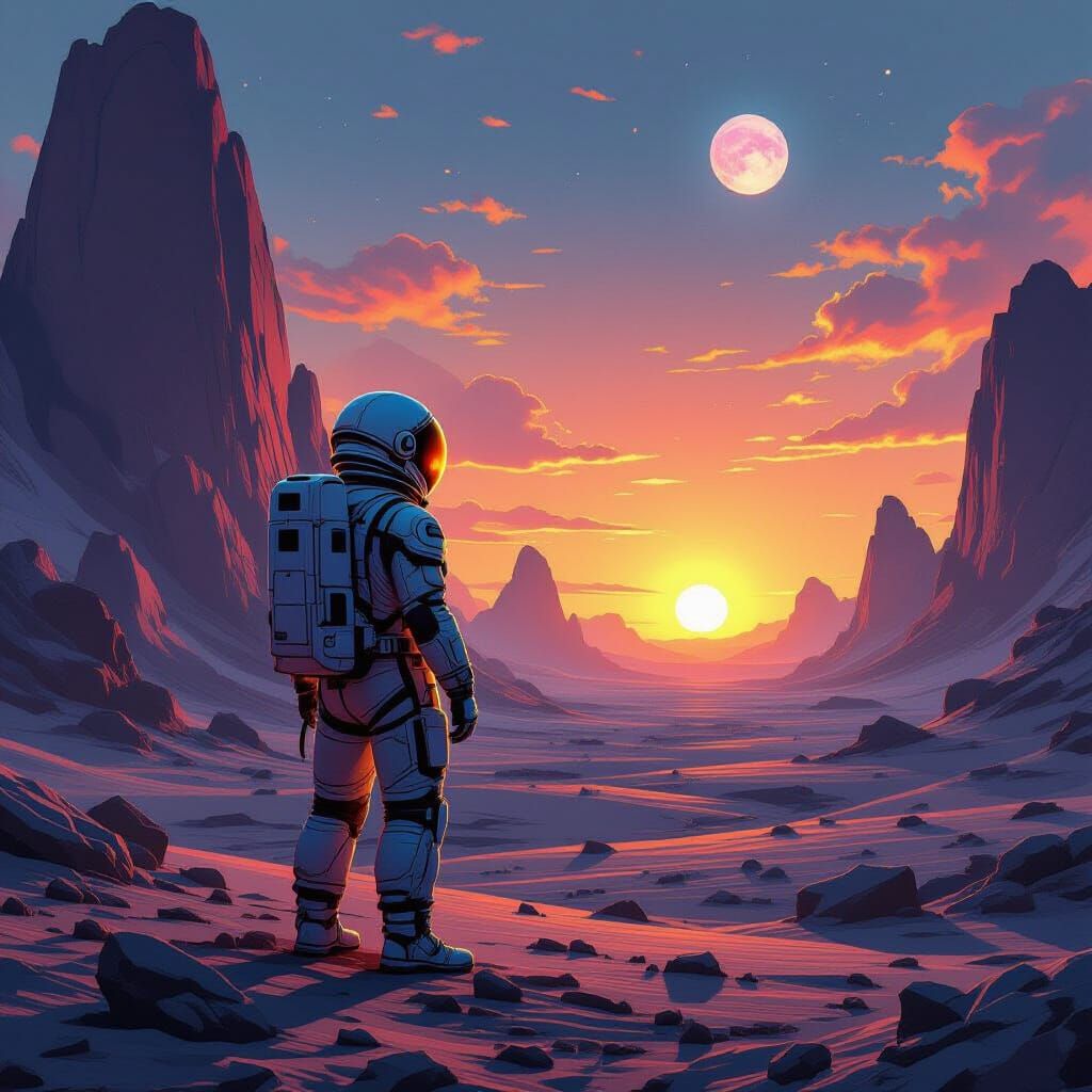 Astronaut on Alien Planet with Crystalline Rocks and Binary ...