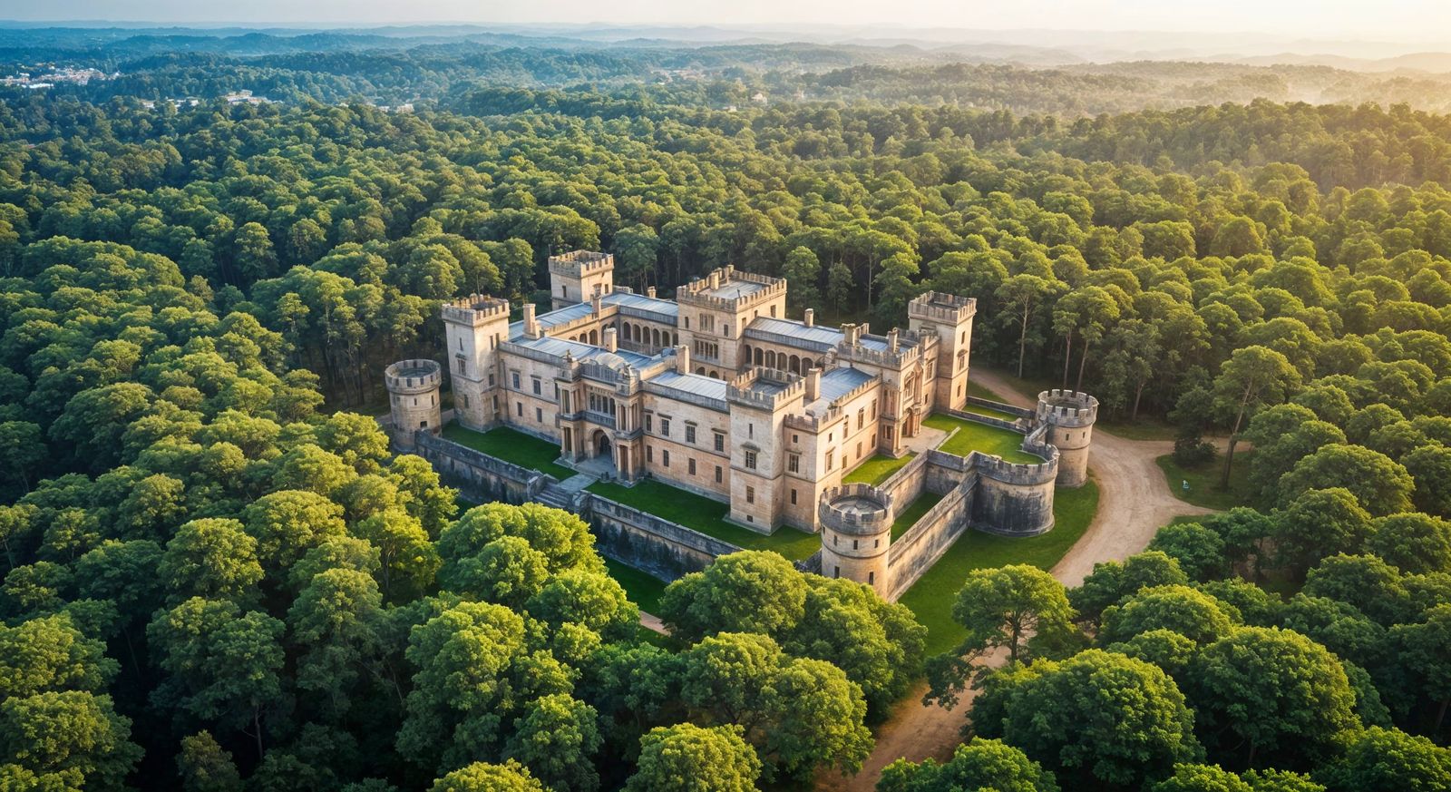 Majestic Palace Surrounded by Forest: HDR Aerial View