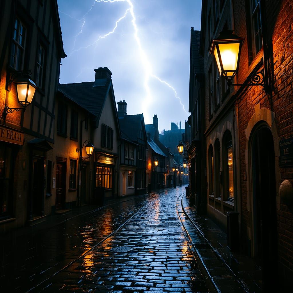 Old English Town in a Thunderstorm