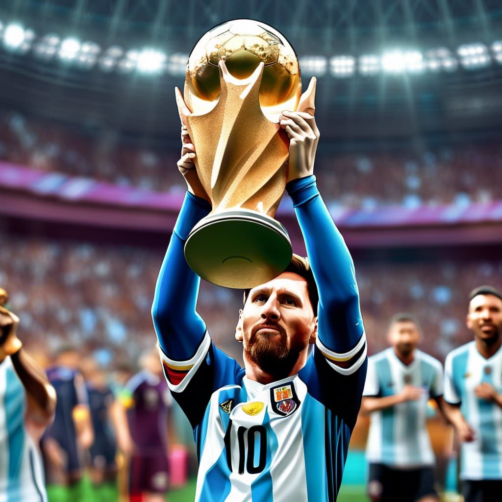 Lionel Messi lifting soccer World Cup trophy of 2022