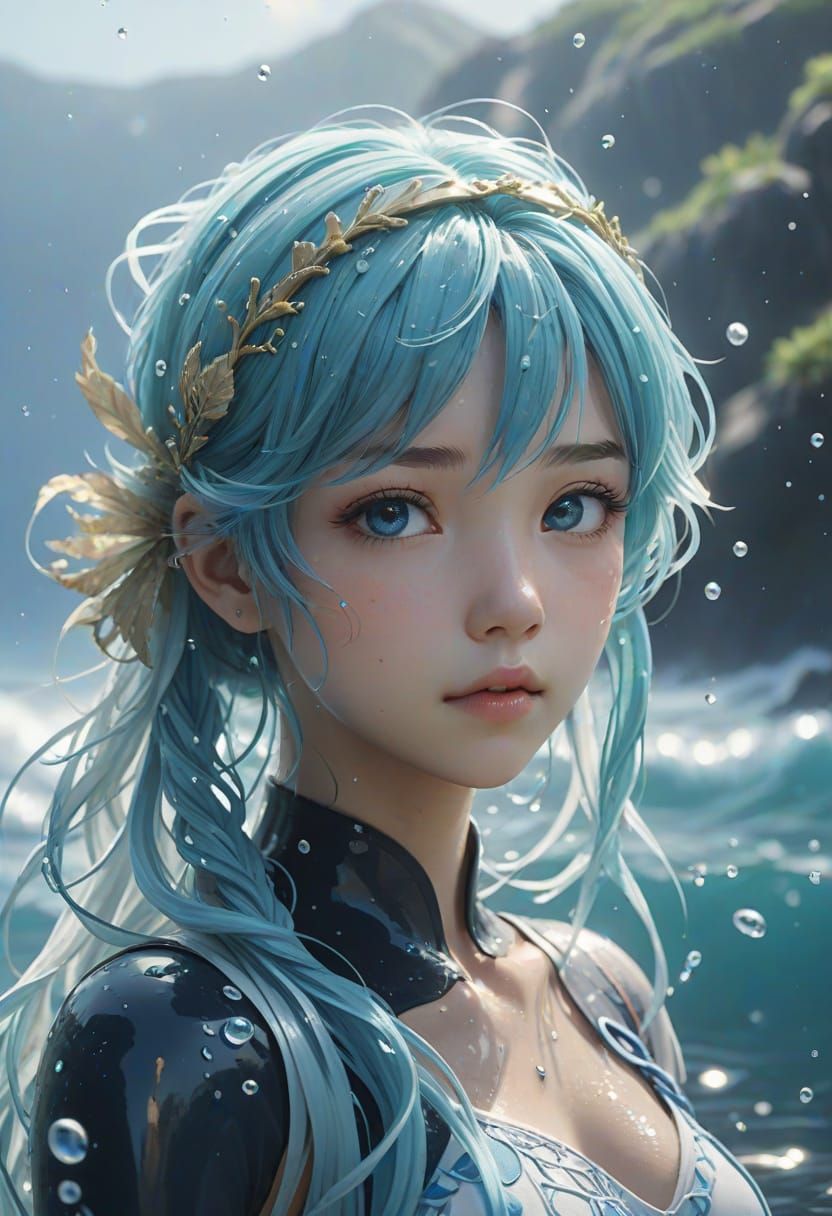 Anime Maiden with Ocean Blue Hair and Silver Headband