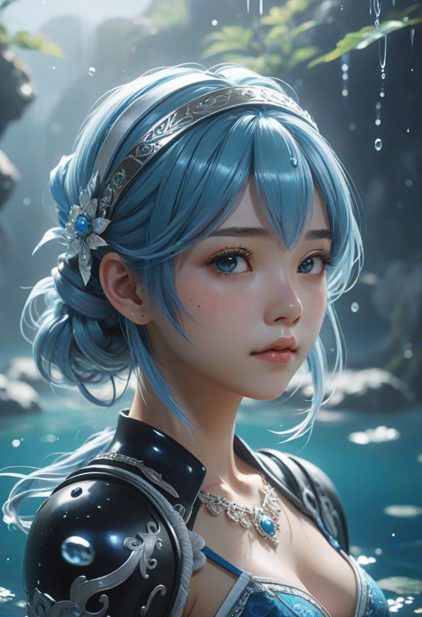 Serene Underwater Anime Maiden with Ocean Blue Hair