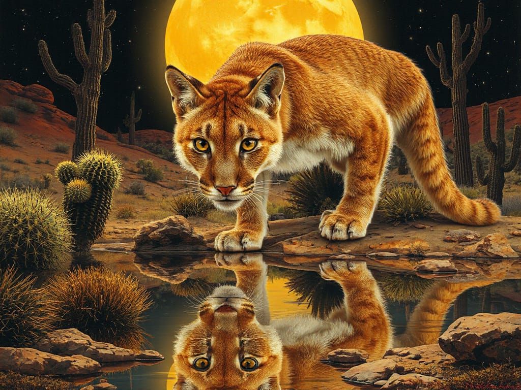 Cougar Gazing at Reflection in Desert Landscape