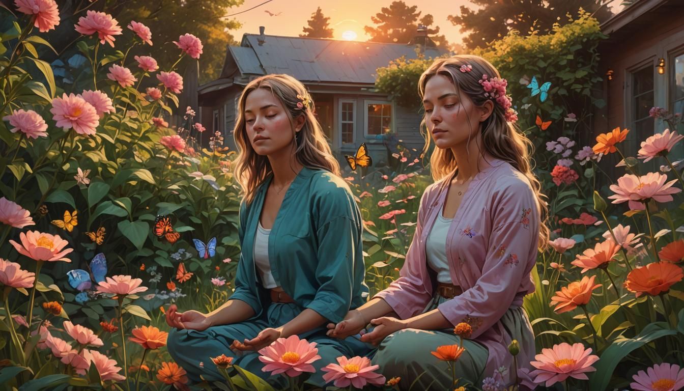 Woman Meditating in Flower Garden, Fantasy Art