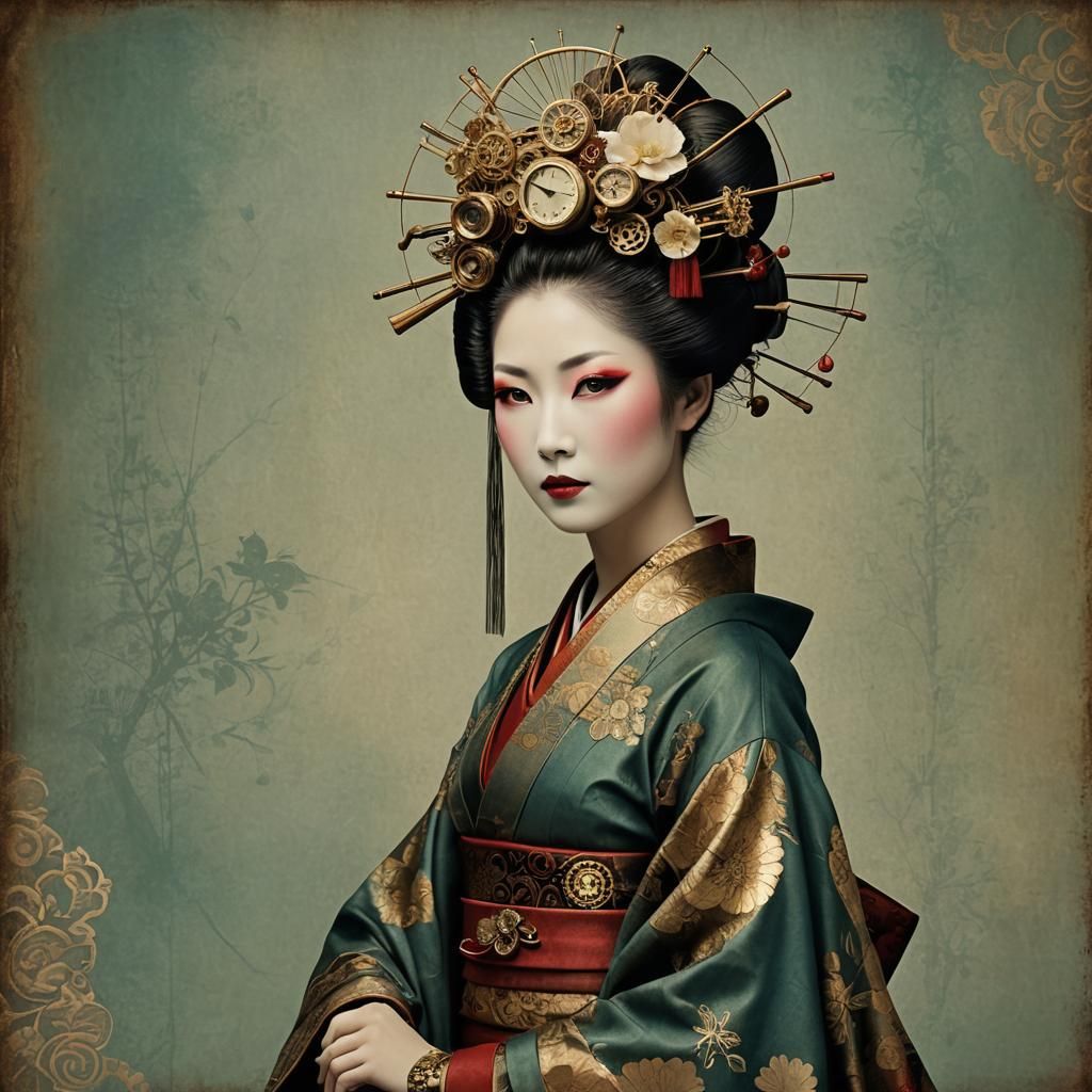 Steampunk Geisha in Surreal Collage Style
