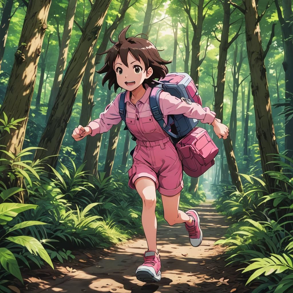 Anime Girl Running in Forest, Cel-Shaded Style