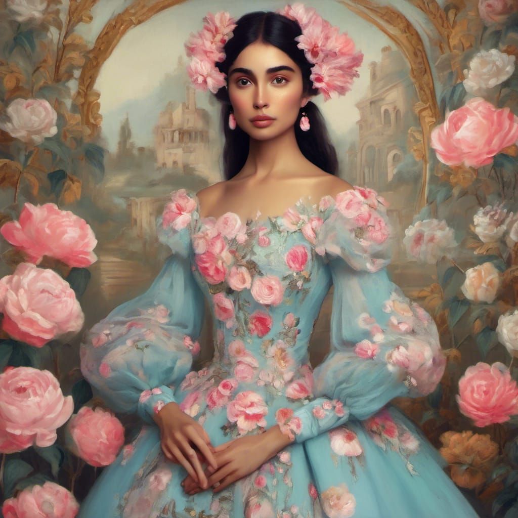 Ethereal Hispanic Woman in Floral Gown with Puppies