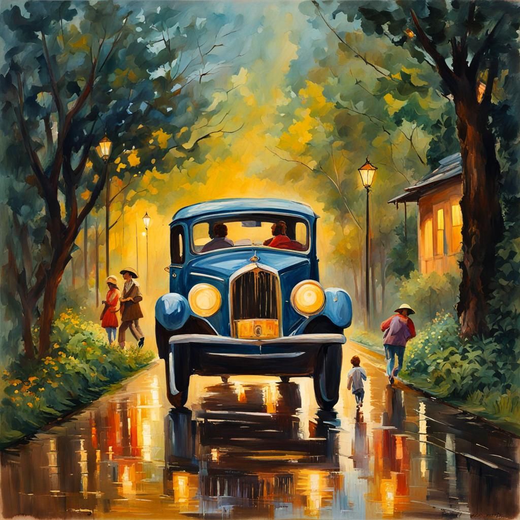 Family Road Trip Through Ancient Forest in Gouache Style