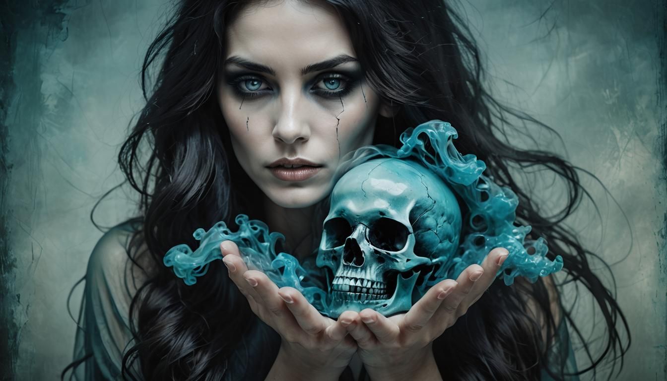 Ethereal Necromancer Grasps Skull in Tonalism Style