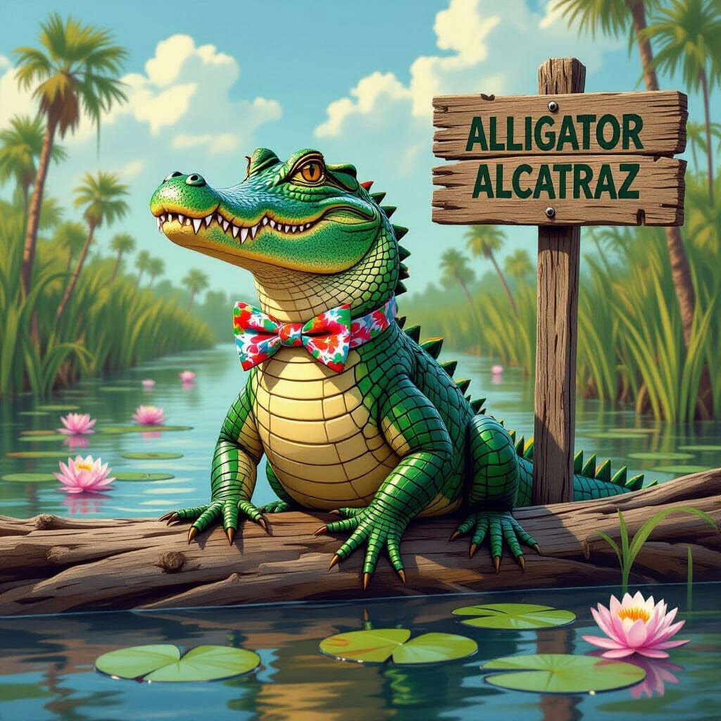 Alligator in Everglades with Bow Tie and Vintage Sign