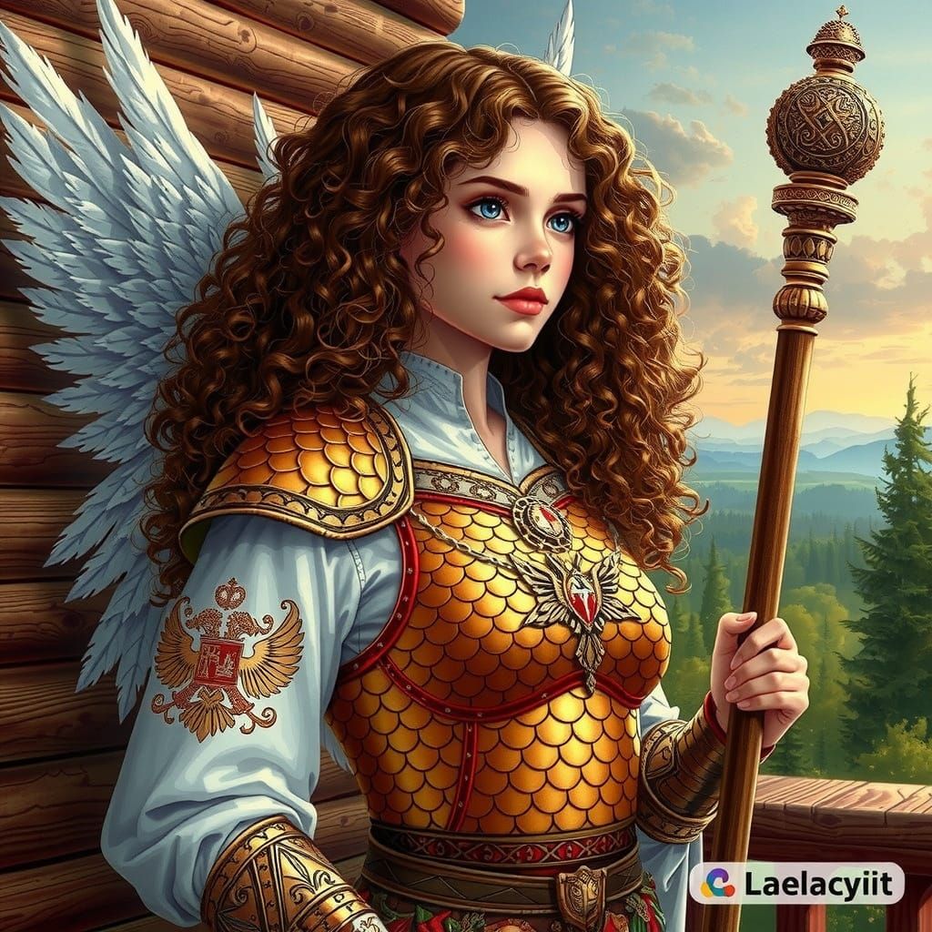 Anime Girl with Wings and Golden Embroidery