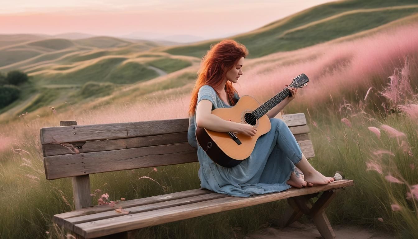 Woman Plays Guitar in Field, Jose Royo Style