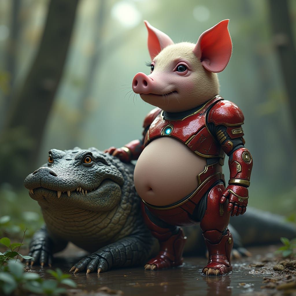 Pregnant Iron Pig Girl with AI Crocodile