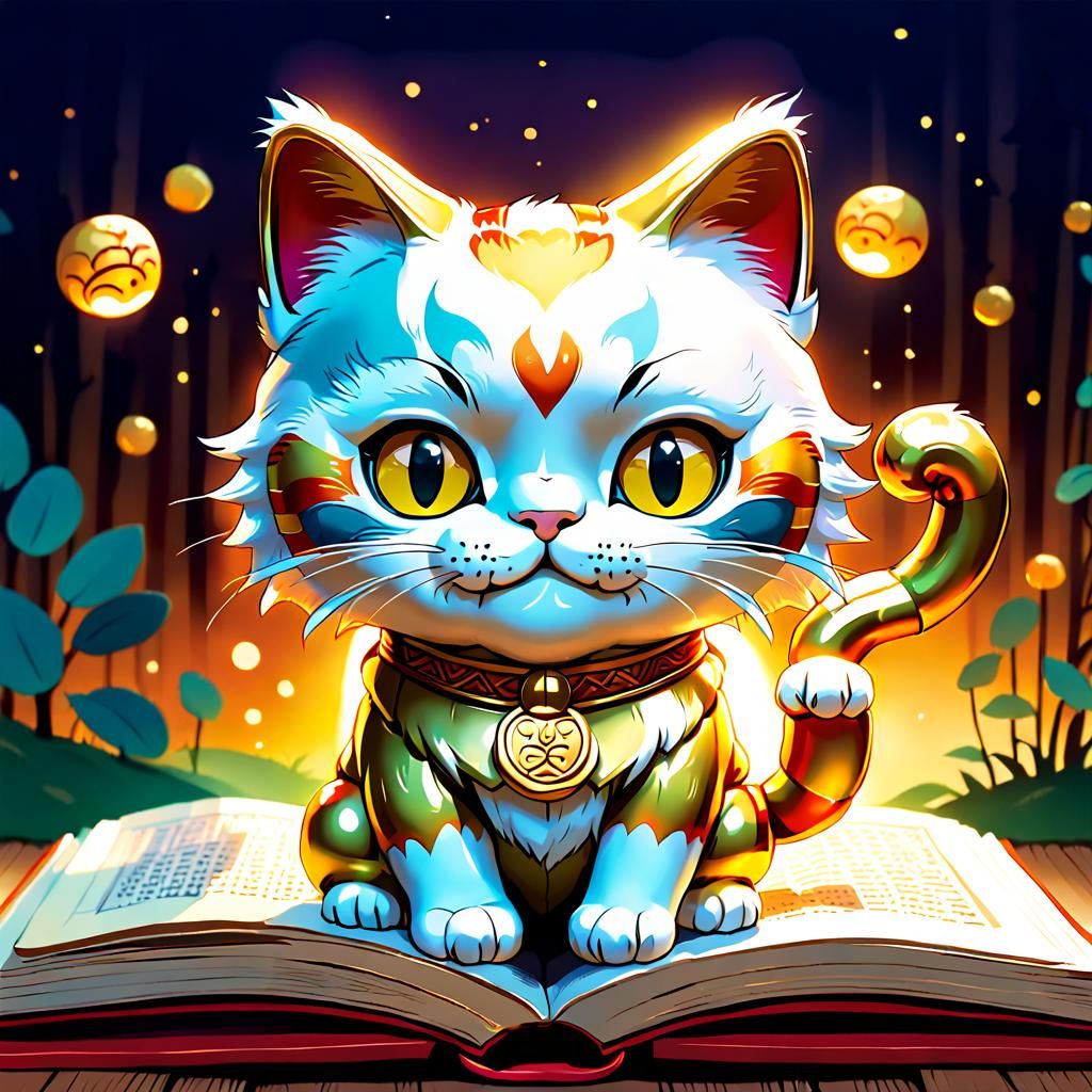 Chibi Lucky Cat in Ghibli Storybook Style