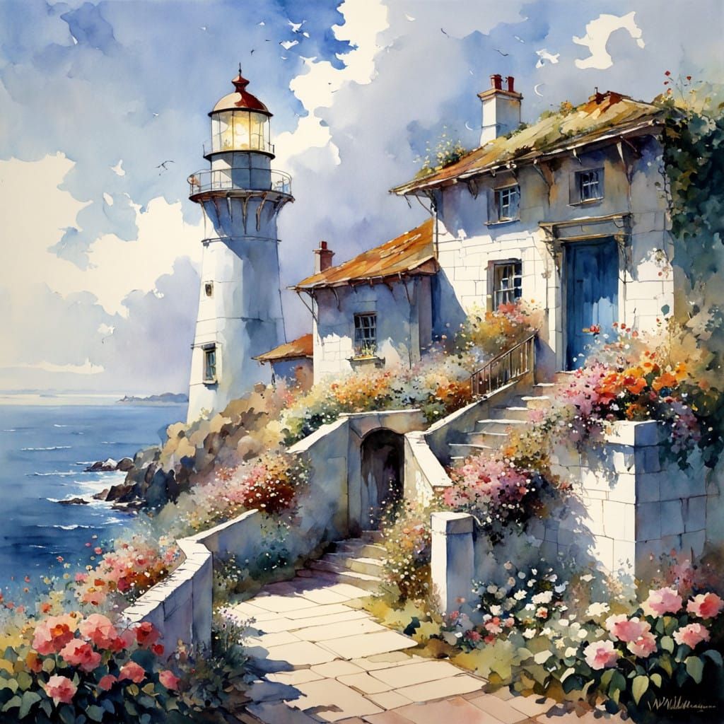 Vintage Lighthouse on the Sea in Watercolor Style