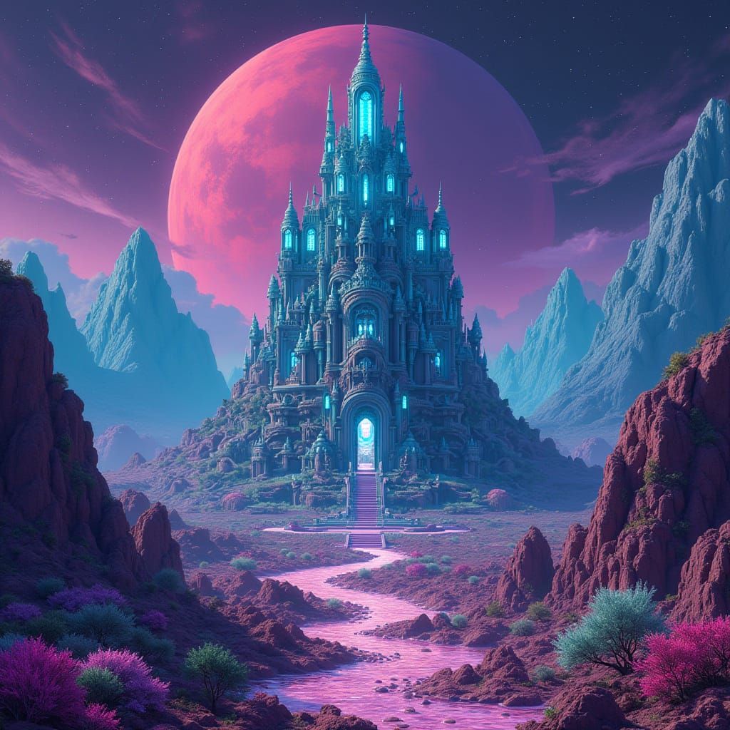 Majestic Temple Amidst Vibrant Alien Landscape