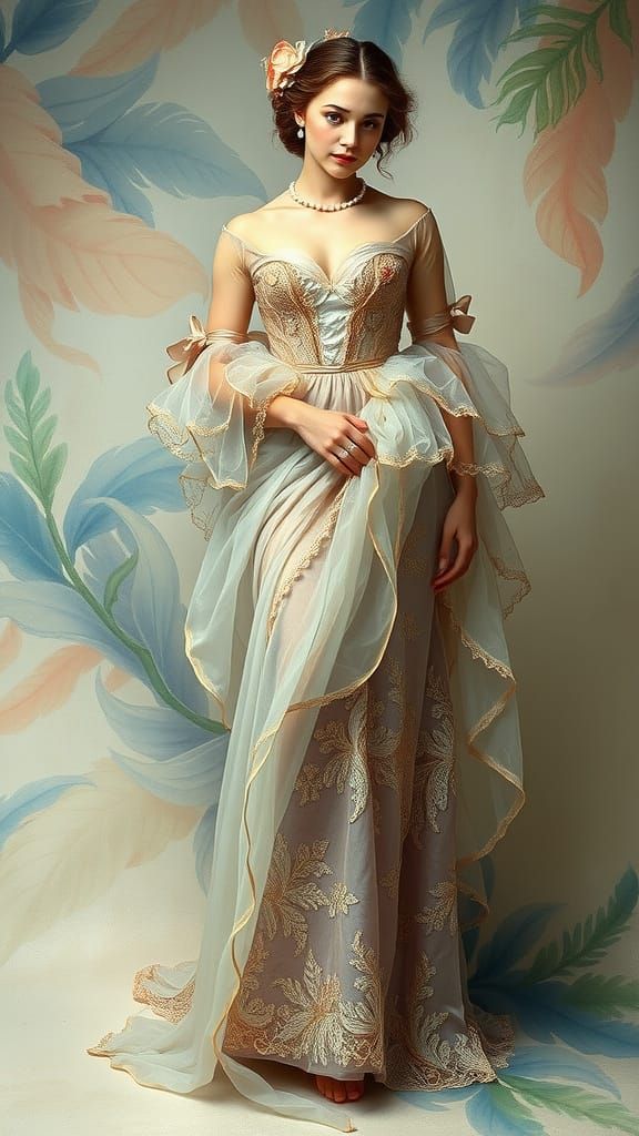Ethereal Lady in Rococo-Inspired Gown with Delicate Lace and...