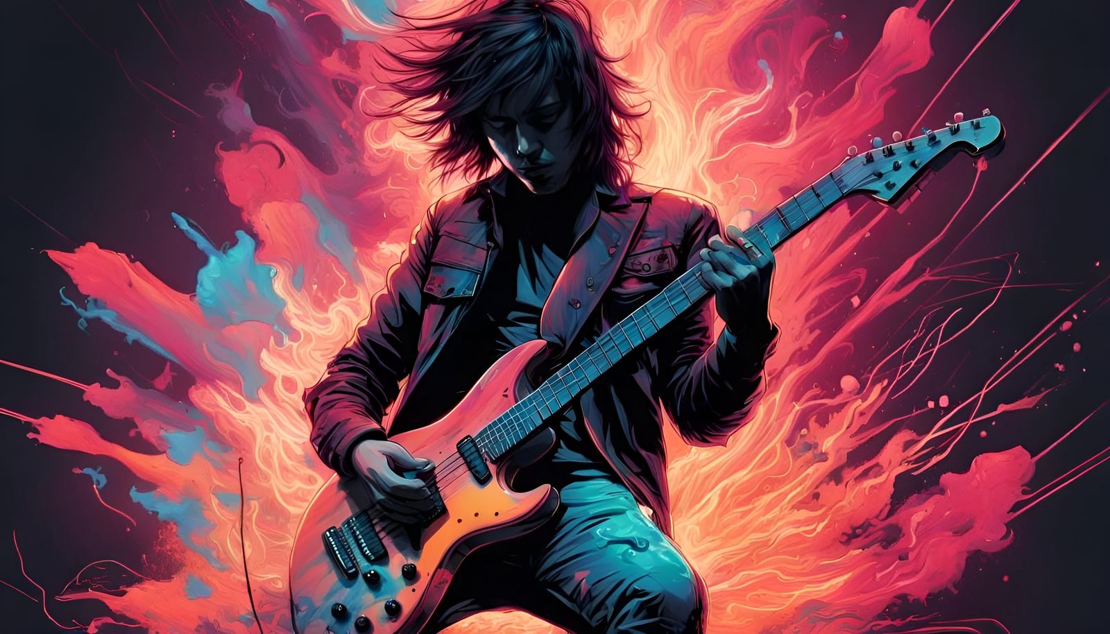 Neon Guitarist in Exploding Flower Flames