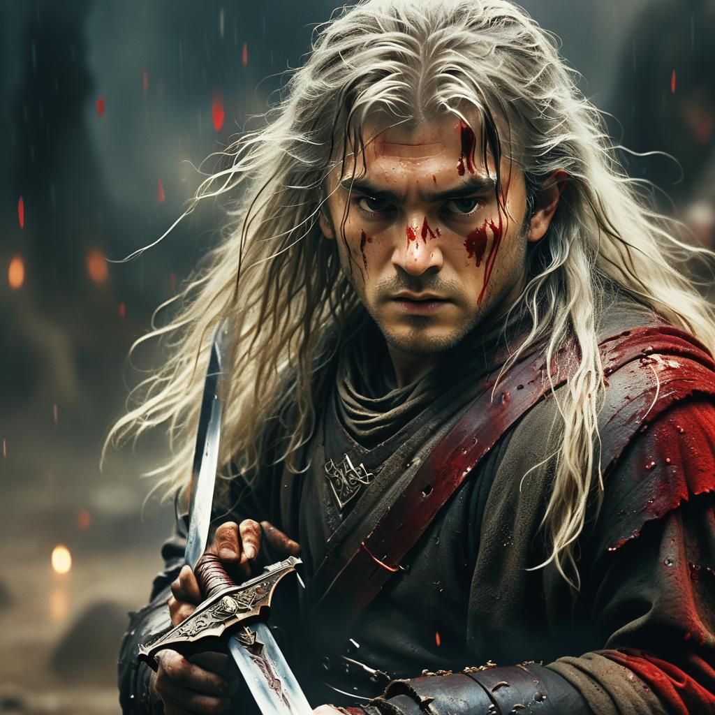 Bloody Young Warrior with Sword in Cinematic Style