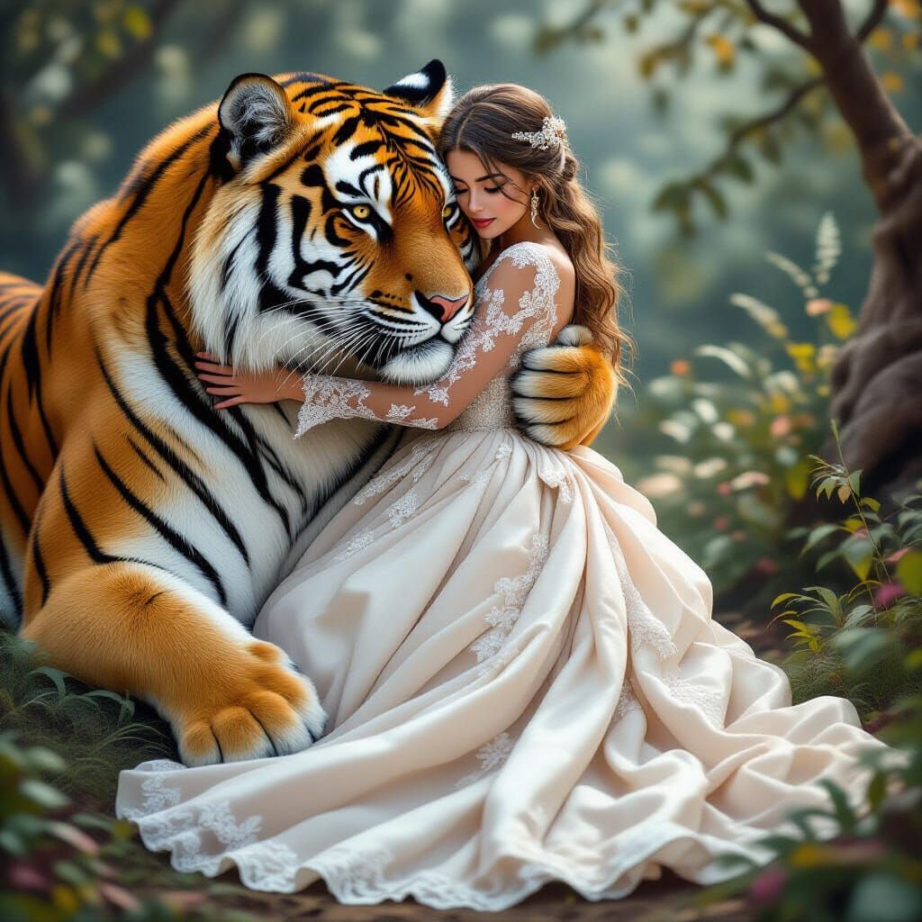 Woman Hugging Tiger in Realistic Digital Art